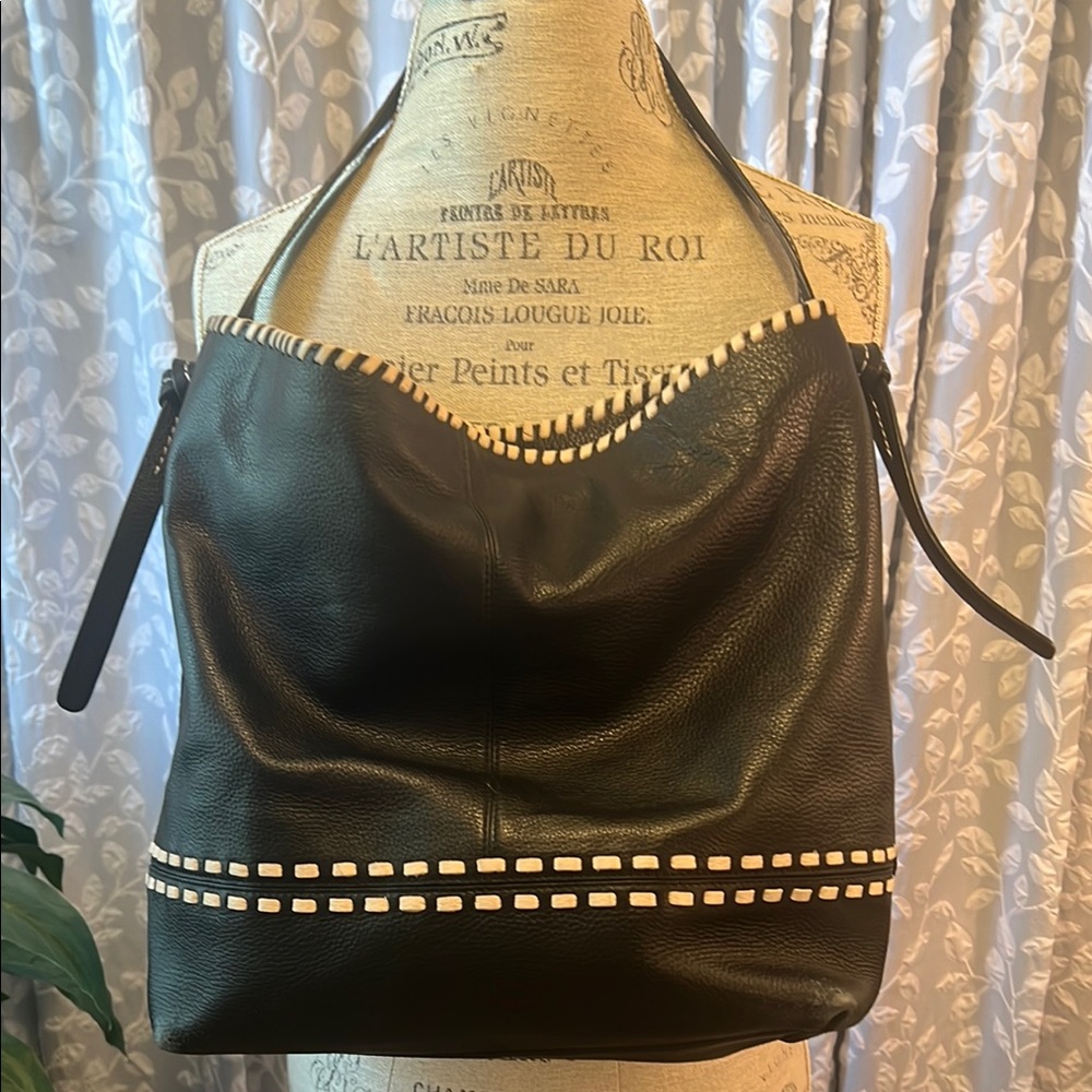Cole Haan Black Leather Hobo Bag with Cream Accents